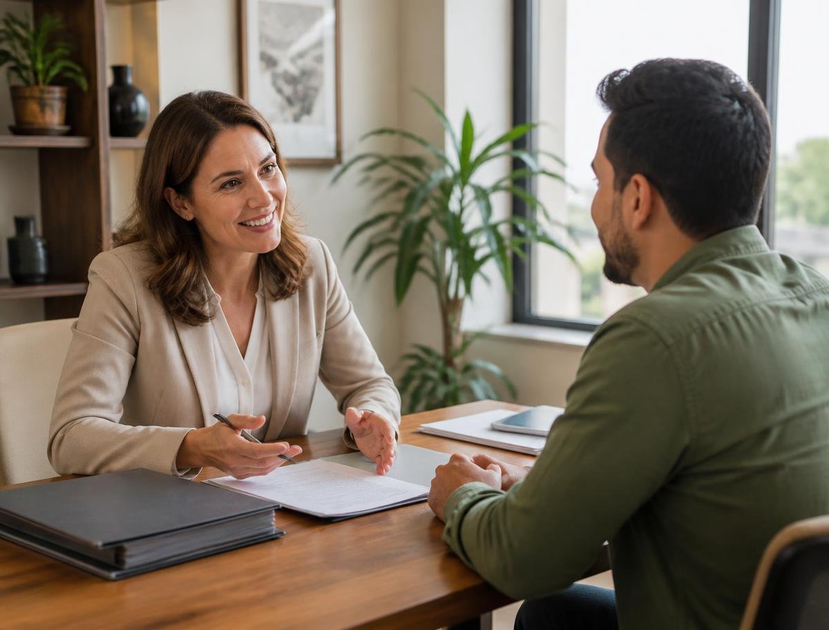 Consultora da Nômma orientando um cliente brasileiro em reunião